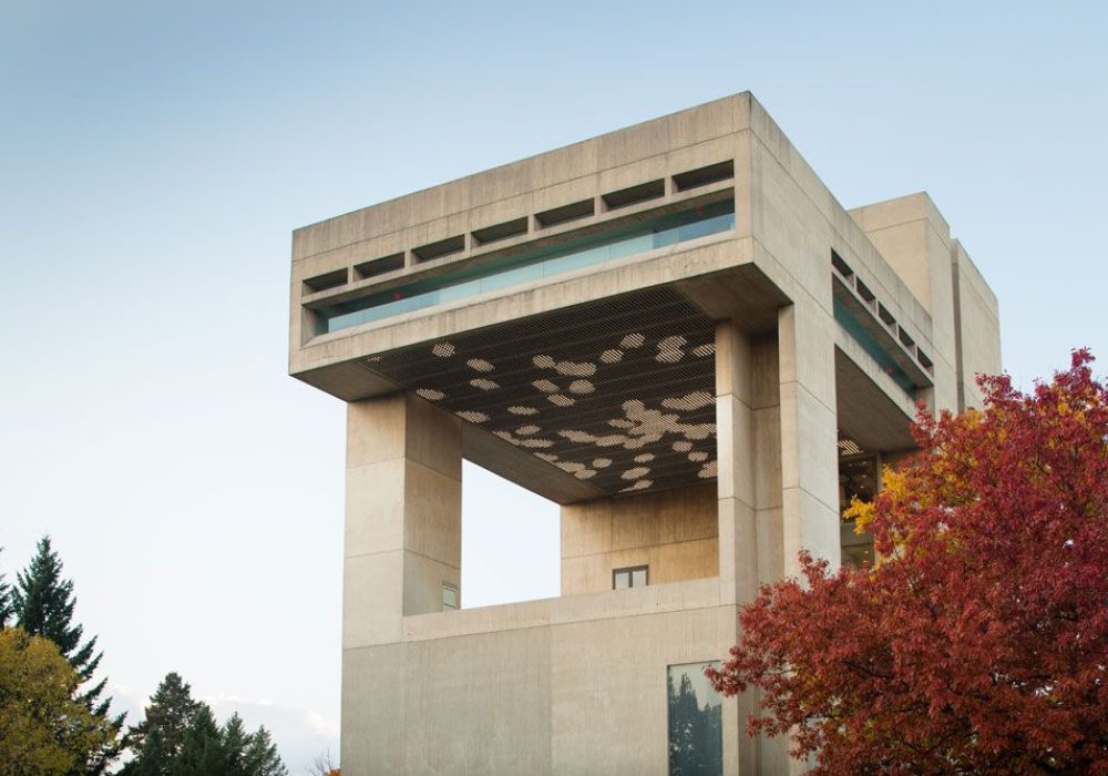 A cantilevered roof of a concrete building with tall trees on either side