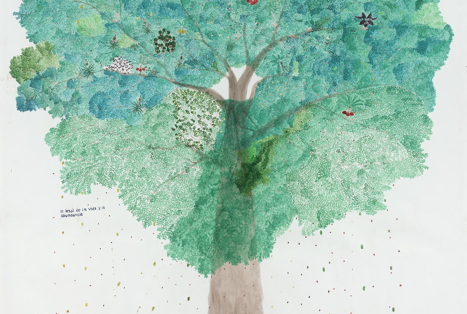 Drawing of a large tree with green leaves and animals on the ground below it