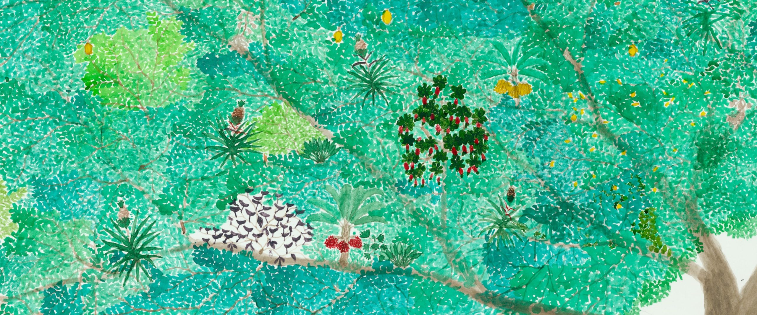 Drawing of a large tree with green leaves and animals on the ground below it