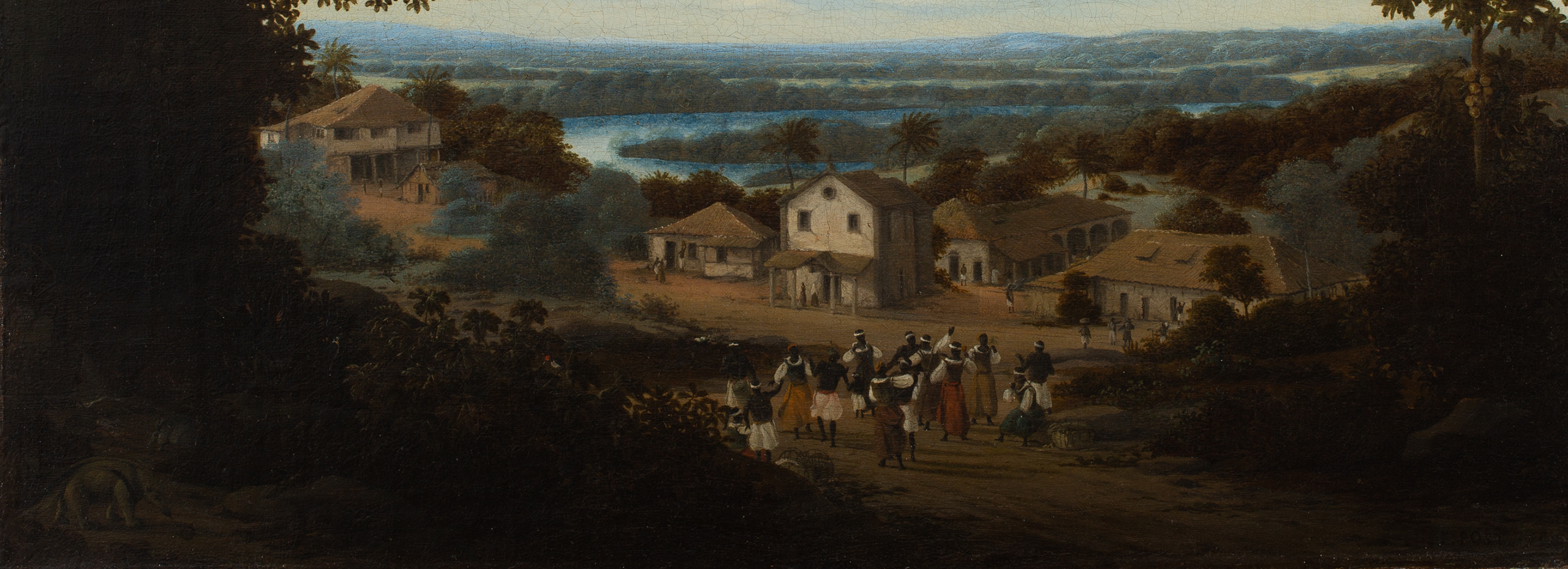 Part of an oil painting of a Brazilian landscape includes a group of Black people in 17th century dress and small light colored houses