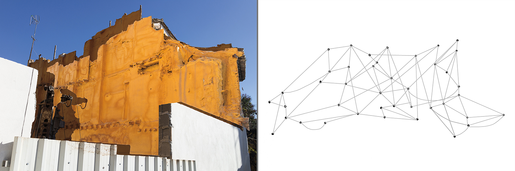 Side by side images of a golden yellow building against blue sky, and a line drawing mapping the building shape