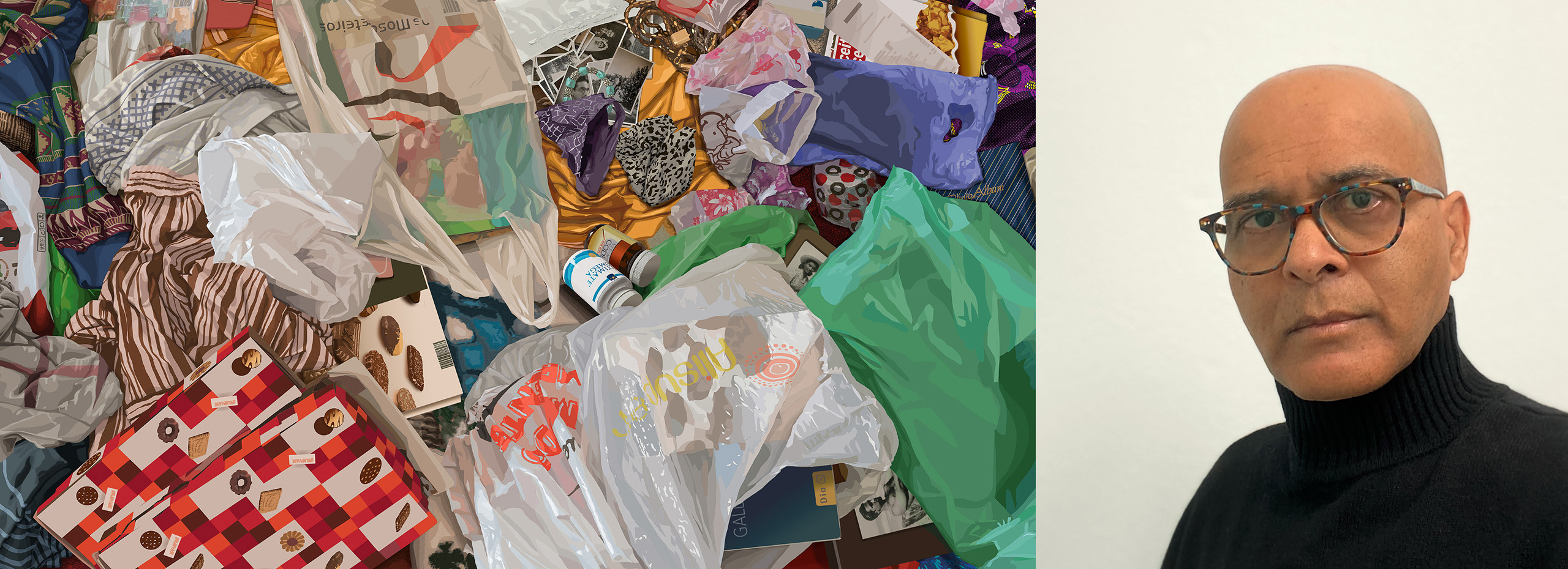 Artwork depicting a pile of packages, bags, and other items with a headshot of the artist wearing glasses and a black turtleneck