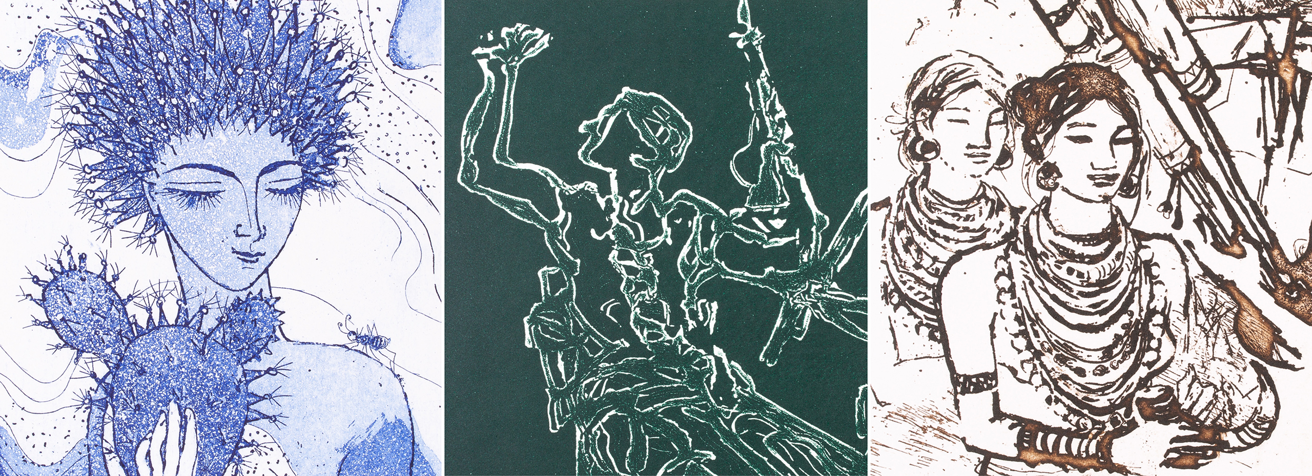 A blue and white etching of a female figure holding a prickly plant, a green and white etching of a figure holding a sword, and a brown and white etching of women holding musical instruments