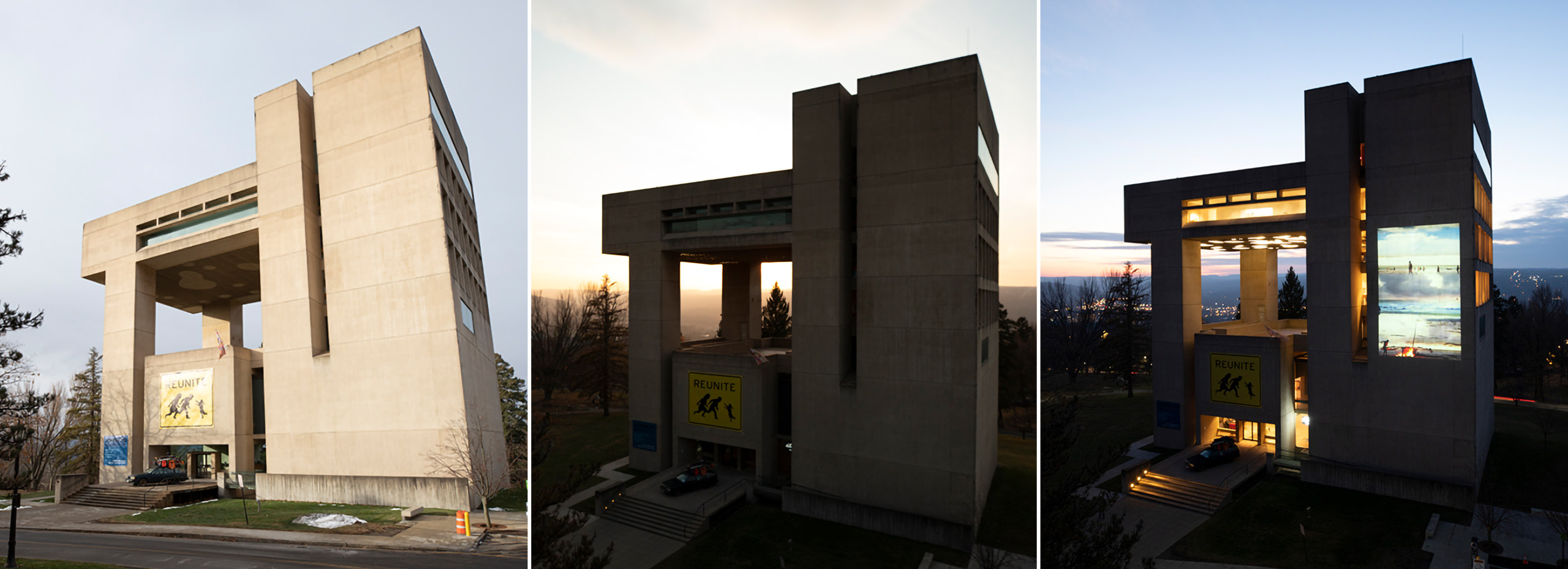Three images of the Johnson Museum show outdoor installations in the morning, twilight, and sunset