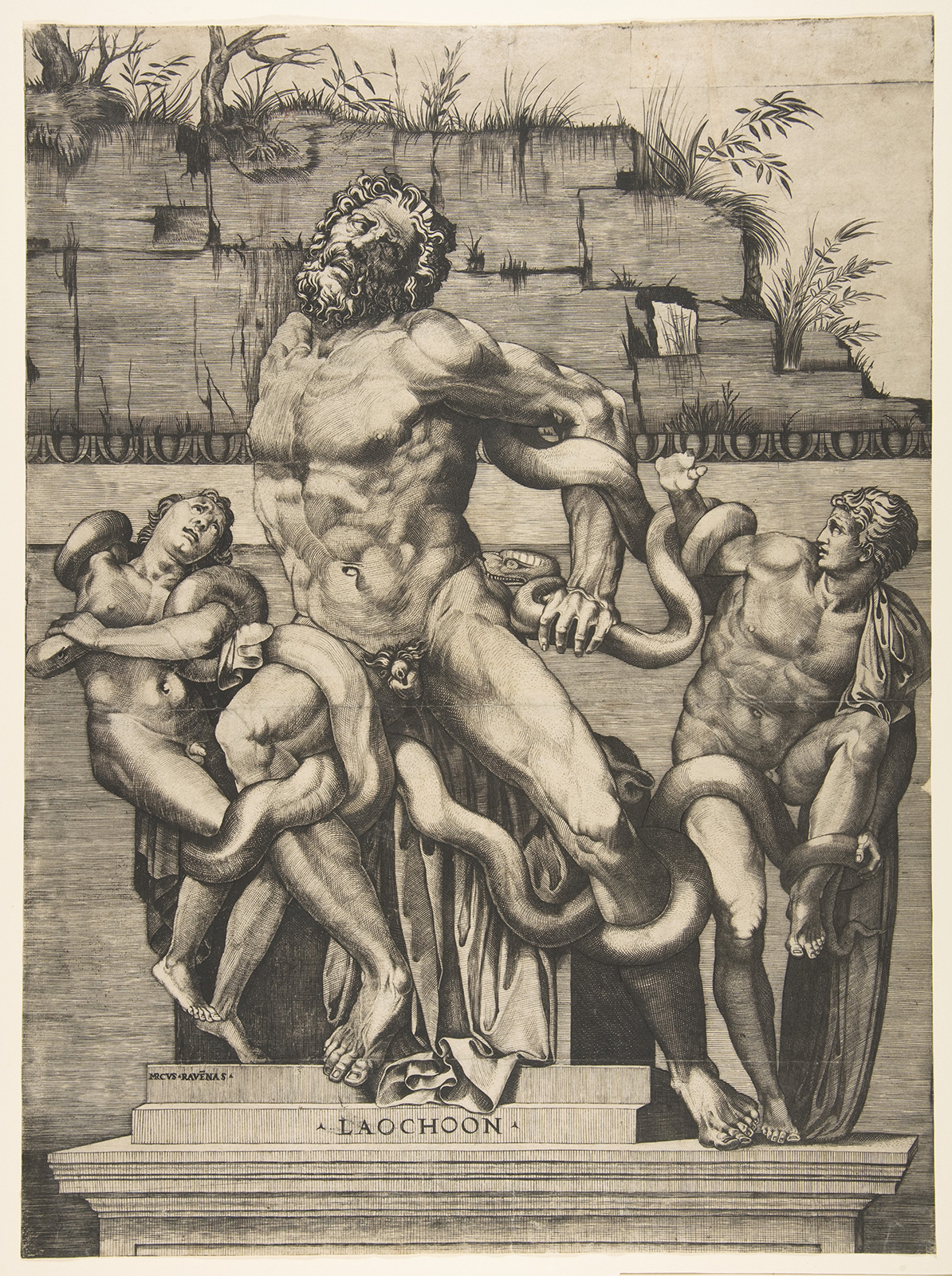 Engraving of a statue of three nude men and snakes in front of a fresco of plants
