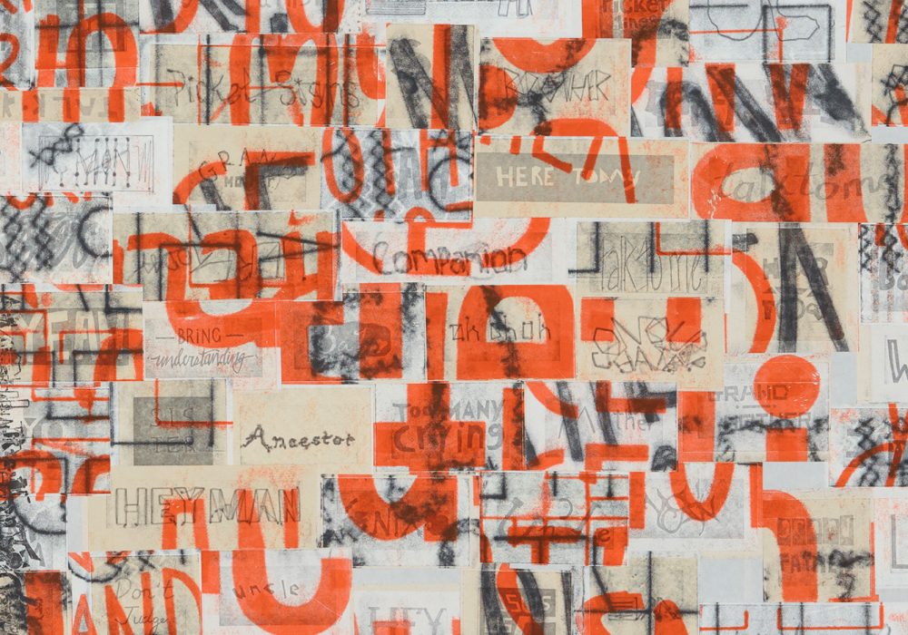 A collage of overlapping rectangles breaking up words and letters in orange, black, gray, cream, and white