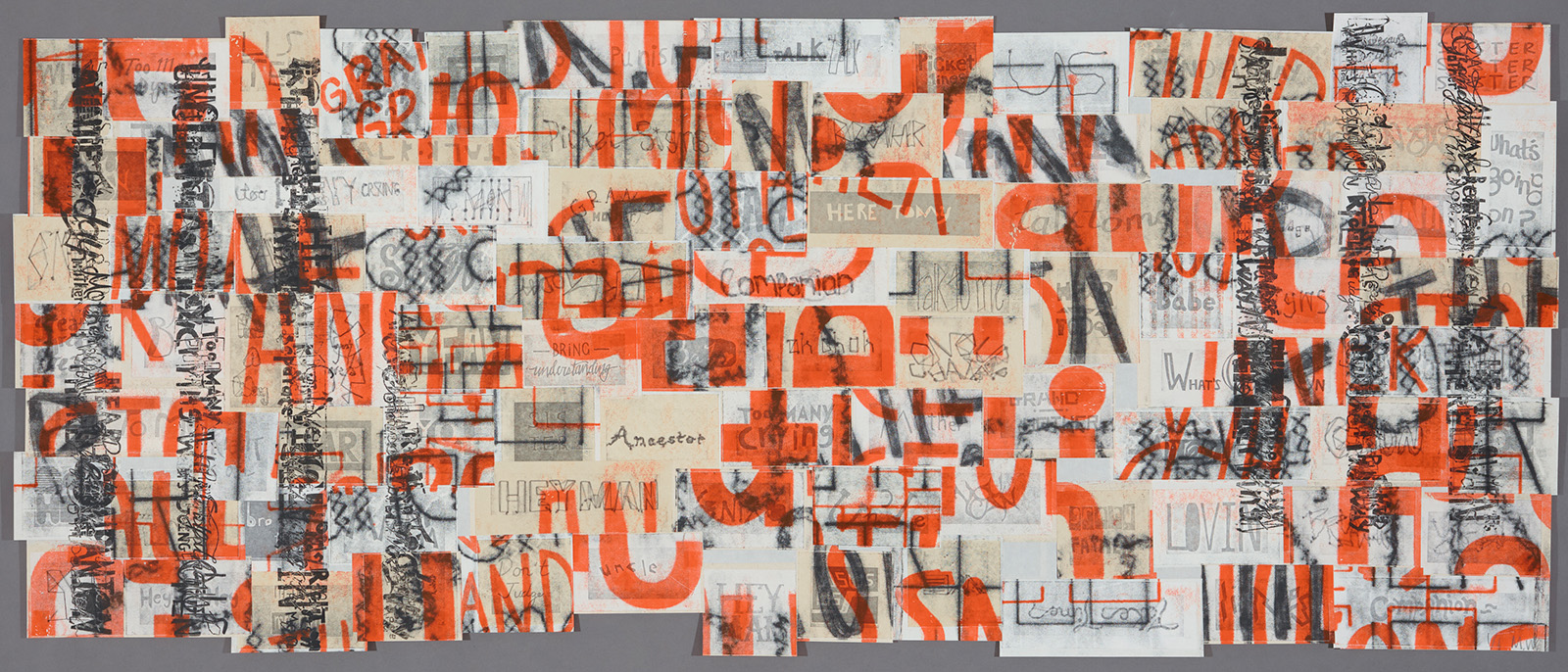 A collage of overlapping rectangles breaking up words and letters in orange, black, gray, cream, and white