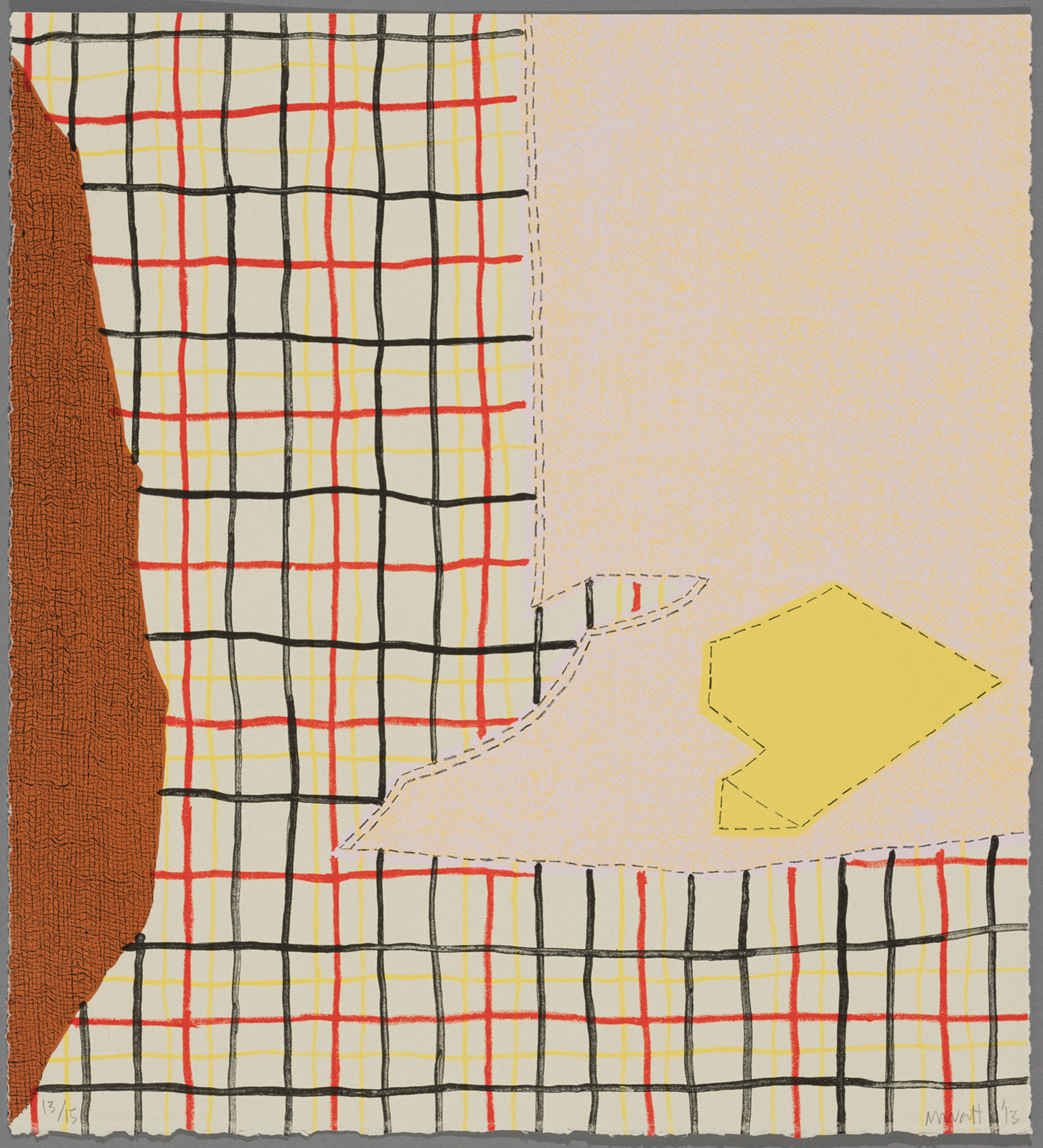 Drawing of crossing black, red, and yellow lines, with irregular shapes in cream, orange, and yellow outlined by dashed black lines