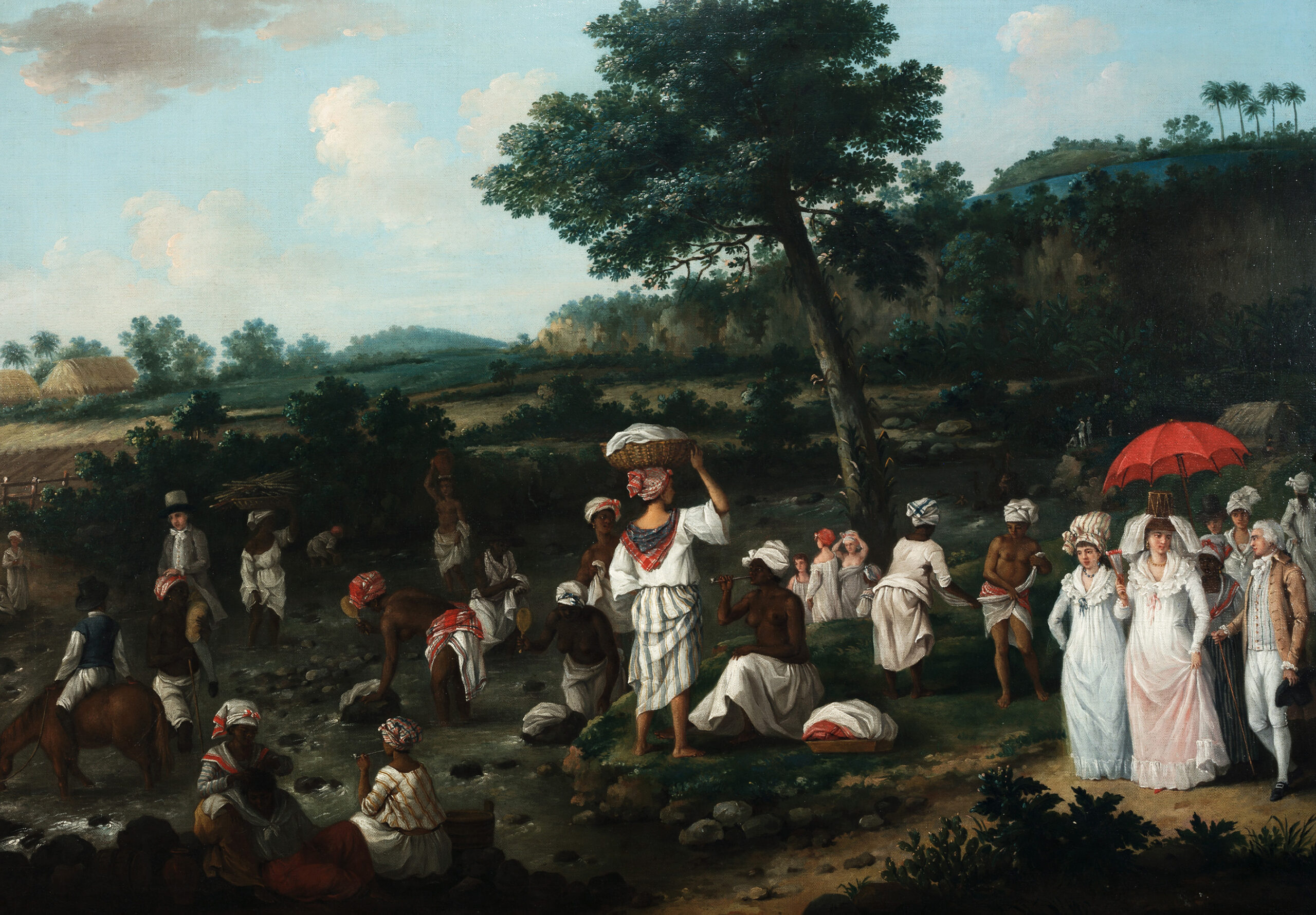 A landscape painting with white European and Black Caribbean people, a blue sky with white clouds, green trees, and a rocky ground.