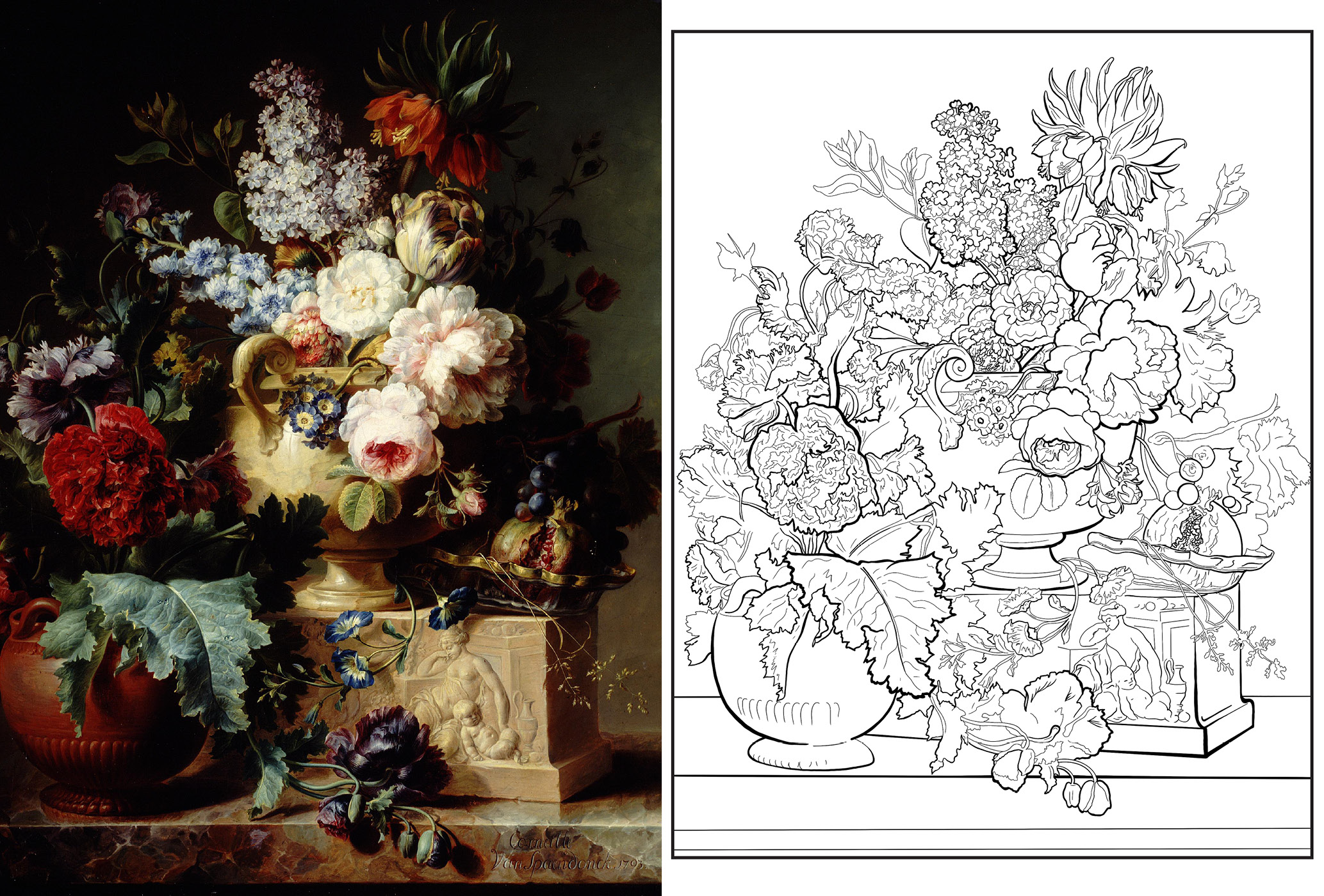 An oil painting of flowers next to a black outline of the same painting to color in