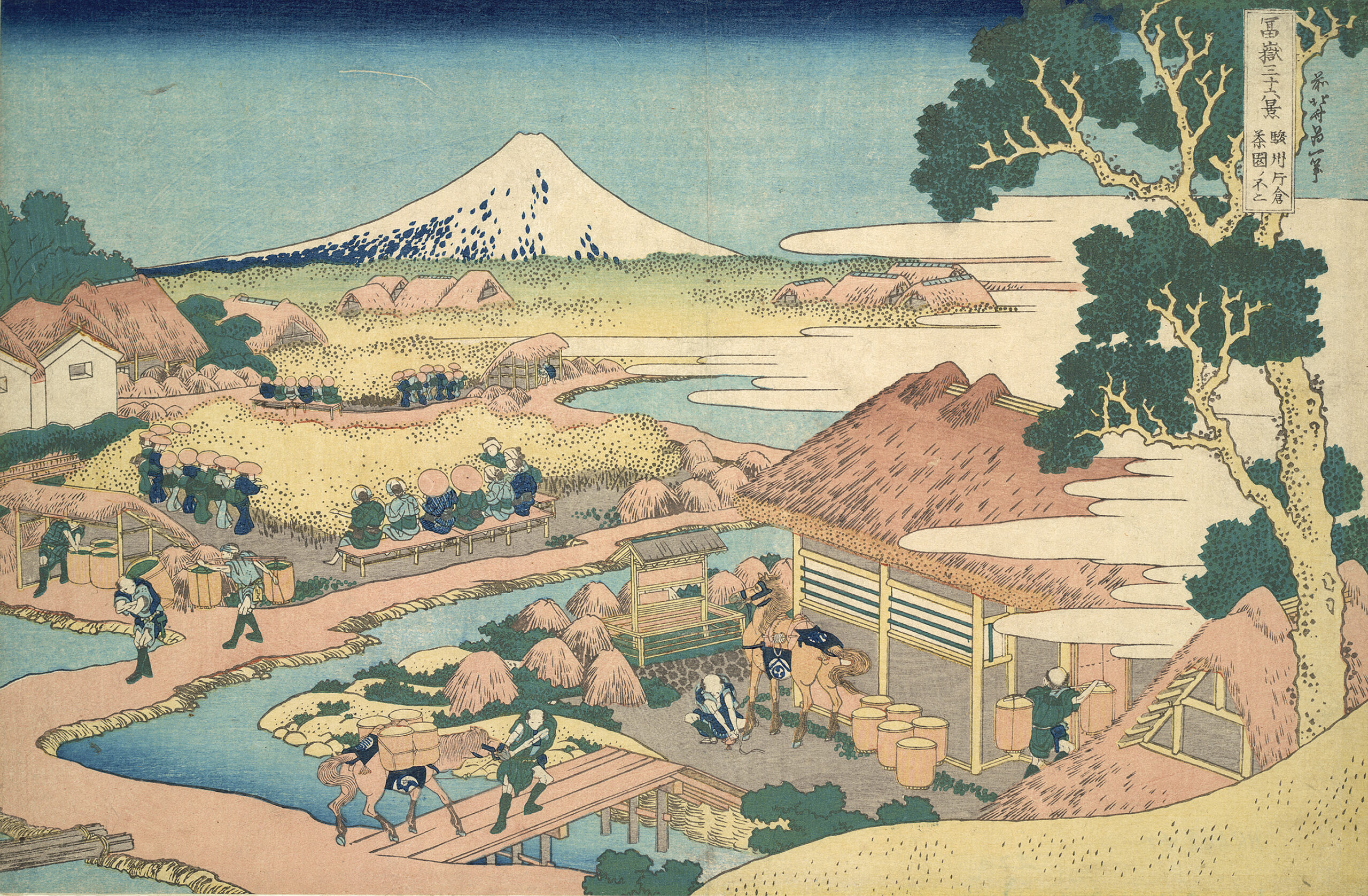 A woodblock print of a Japanese village with Mt. Fuji in the distance
