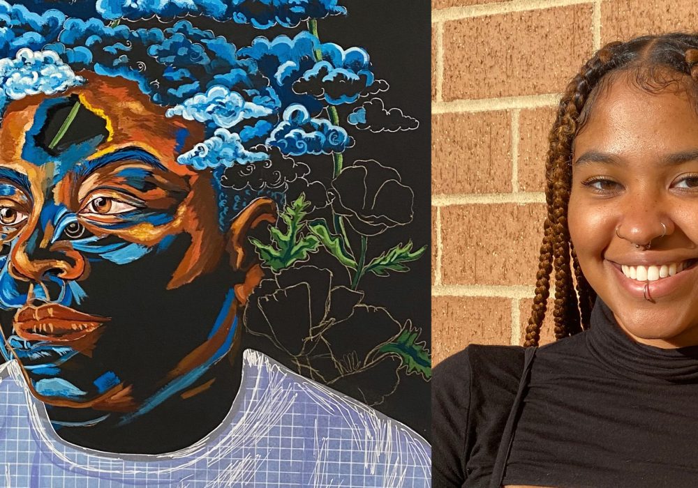 A colorful painting of a Black man surrounded by flowers next to a photograph of the Black female artist standing by a brick wall