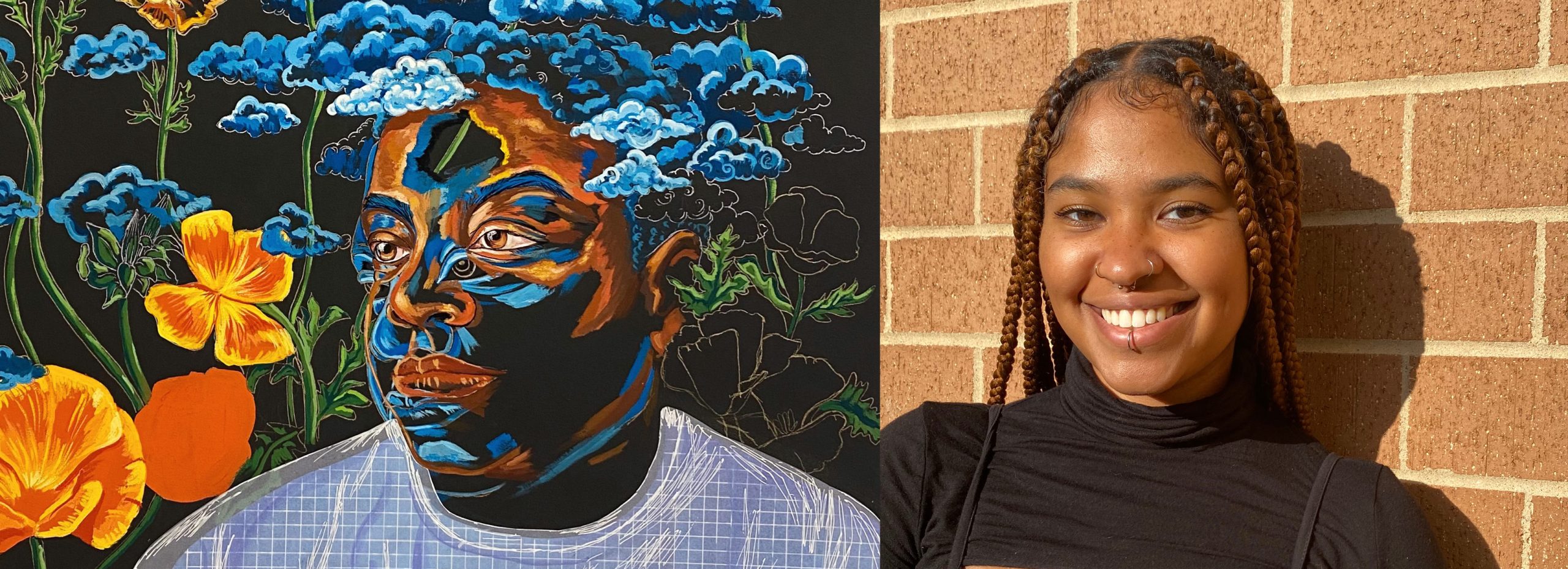 A colorful painting of a Black man surrounded by flowers next to a photograph of the Black female artist standing by a brick wall