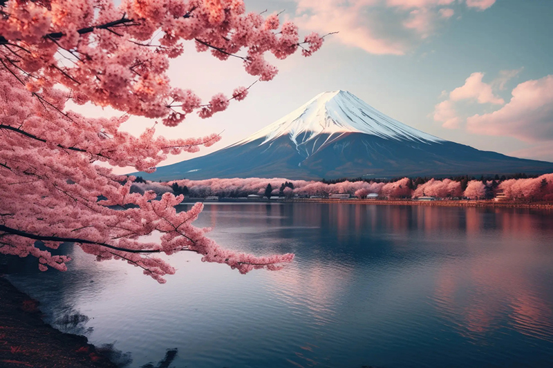 Mount Fuji, a lake, and cherry blossoms