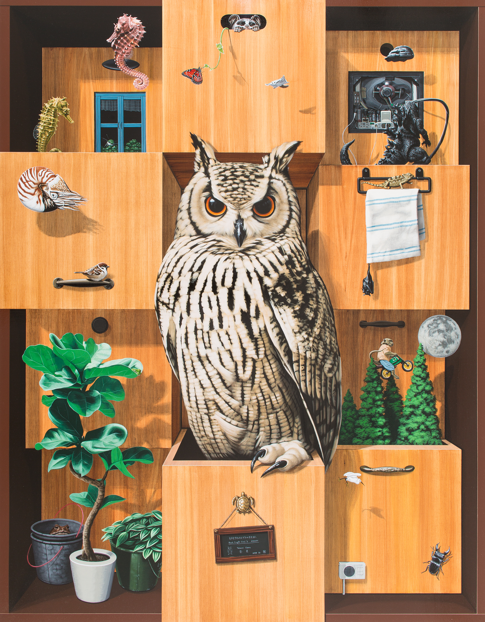 A painting of an owl perched in the center of a grid of wooden file drawers decorated with plants and small objects