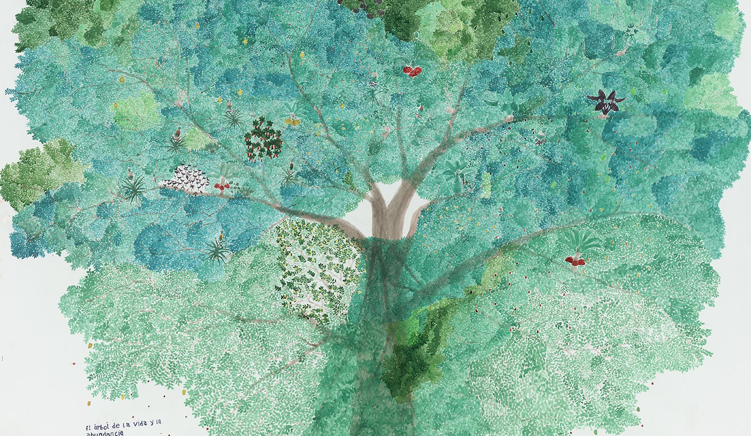 A drawing of a large tree with delicate green leaves, tiny dark birds, and red fruits