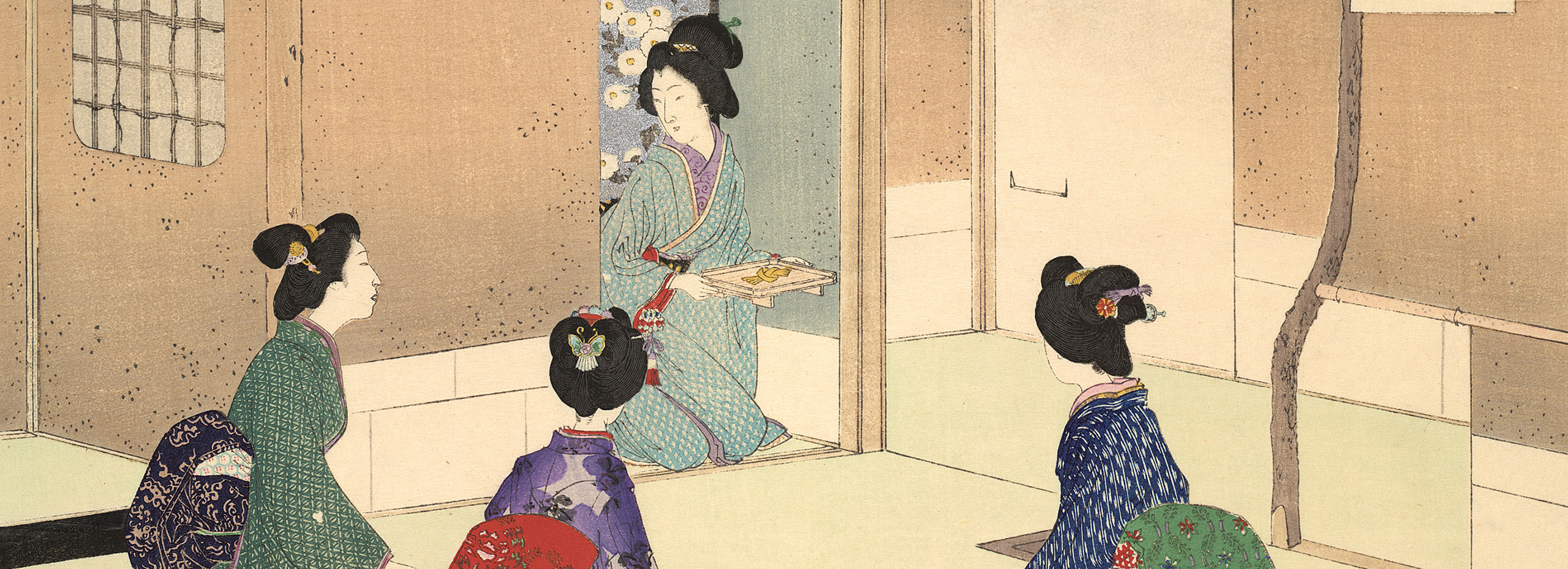 A color woodblock of four Japanese women kneeling for a tea ceremony
