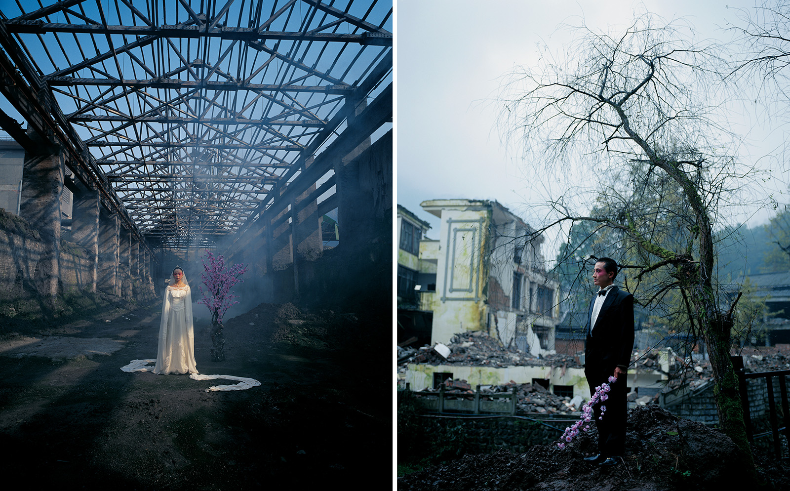 Side by side images of a bride standing inside a dilapidated structure and a groom standing outside under a bare tree