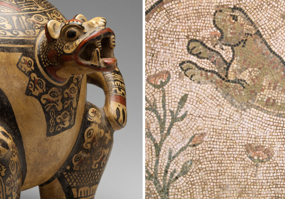 A painted sculpture with an animal head, arms, and legs pictured opposite a mosaic of a large leaping cat and a flower