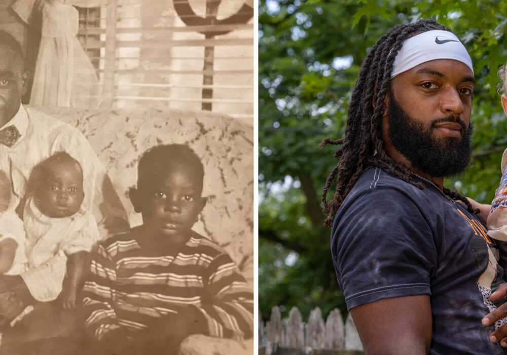 Side by side photographs of Black fathers with children