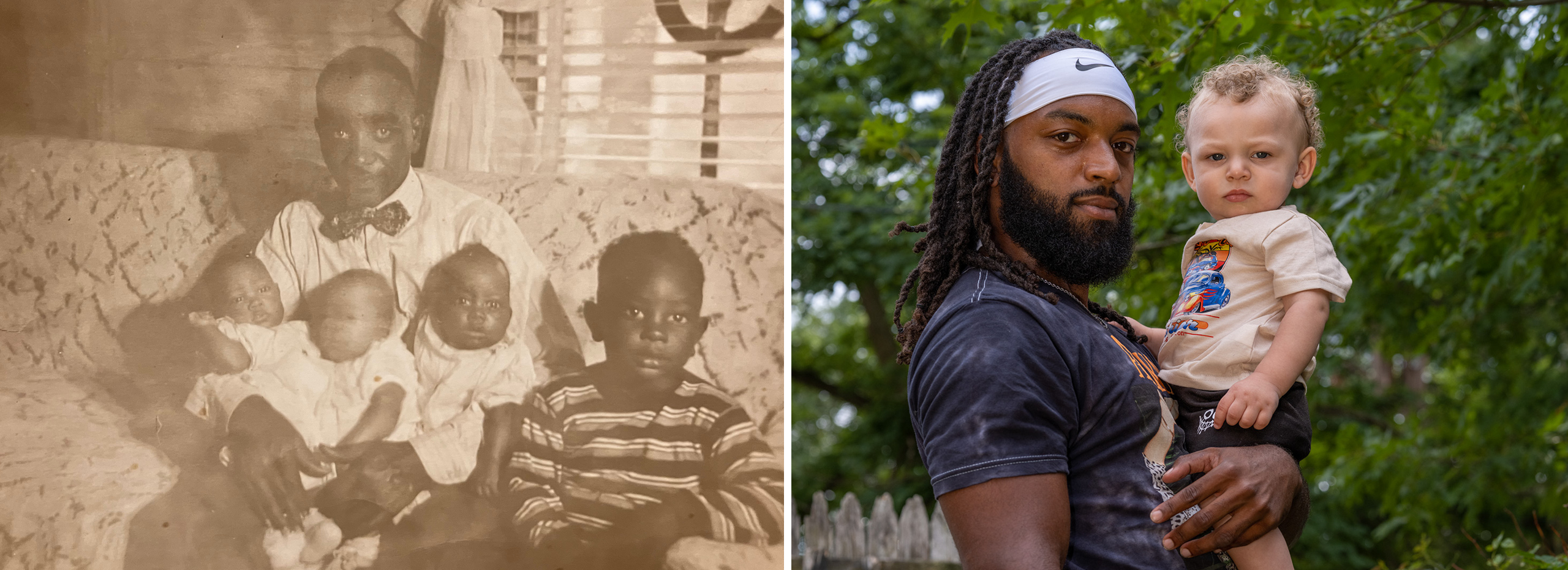 Side by side photographs of Black fathers with children