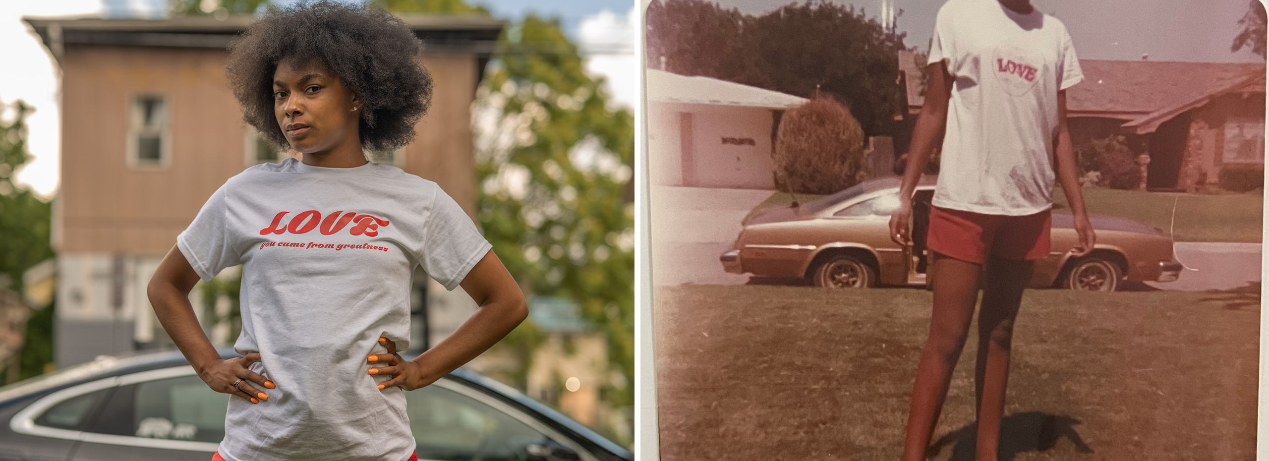 Side by side photographs of young Black women posing outside in front of cars and wearing t-shirts with the word love
