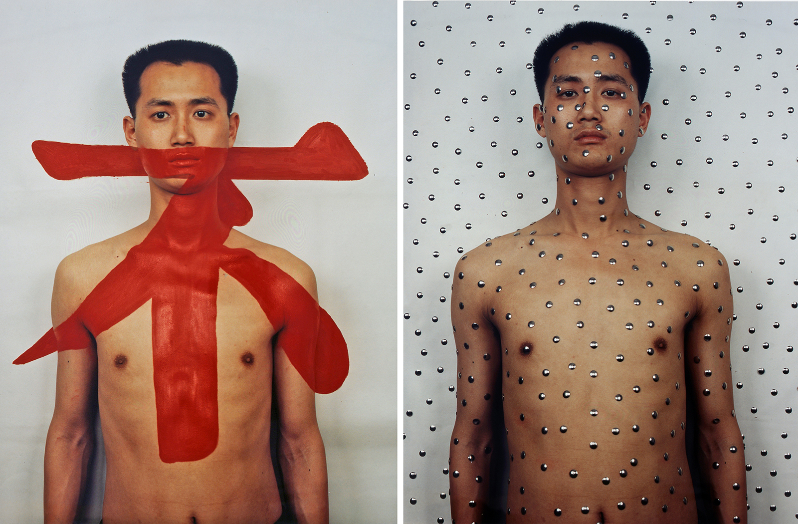 Two photographs of a young, shirtless Chinese man where a red Chinese character is painted over the left image and a grid of silver thumbtacks are applied over the right image