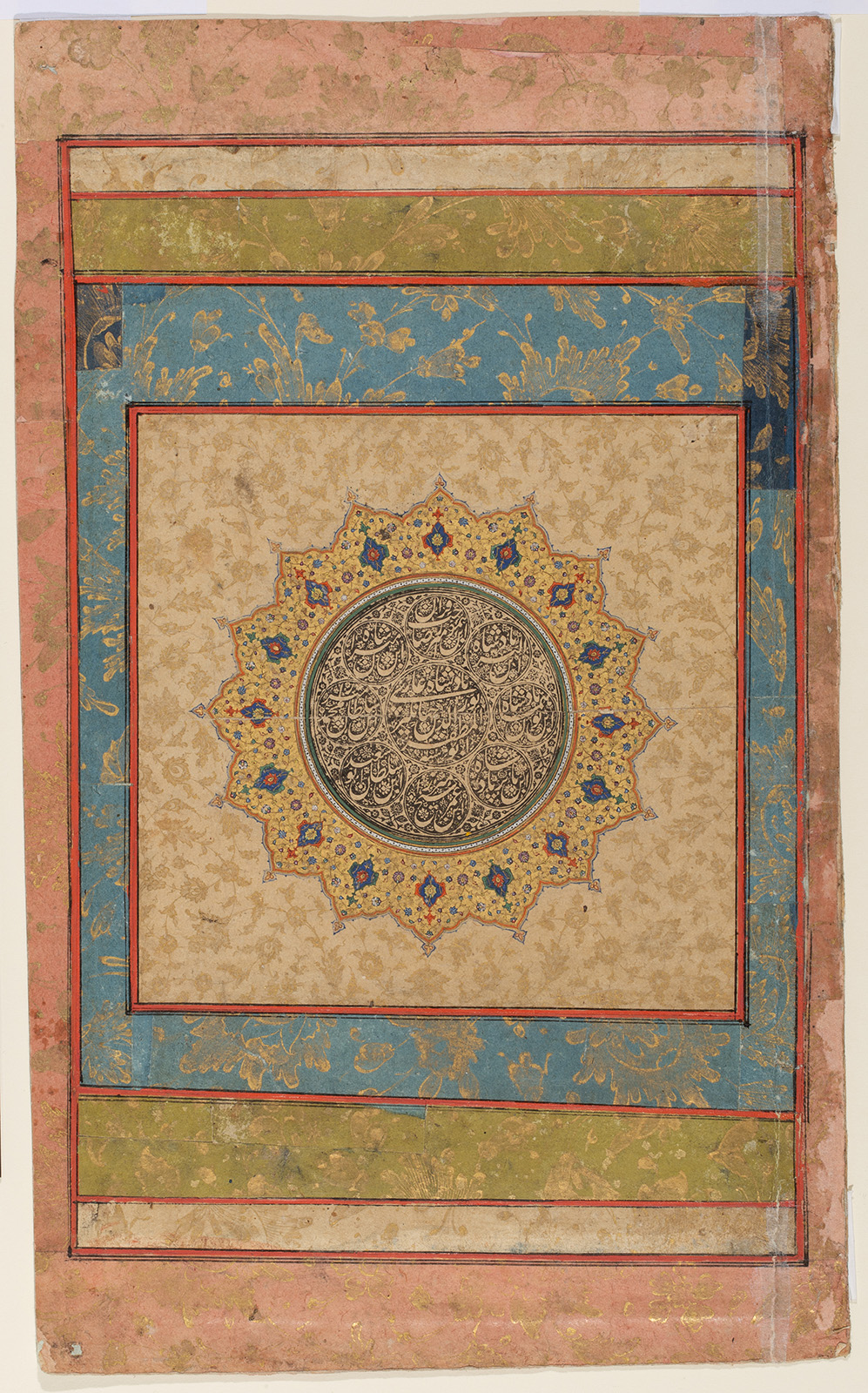 A decorative seal with Indian calligraphy and multiple colorful borders