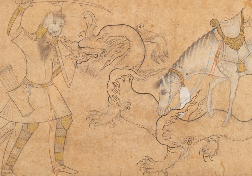 A drawing of a warrior and his horse battling a dragon