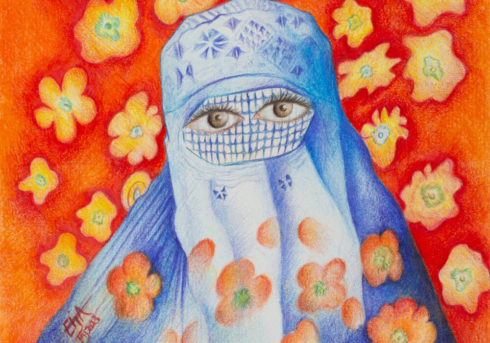 Drawing of a woman wearing a light blue eye mask and hijab against an orange background with yellow flowers