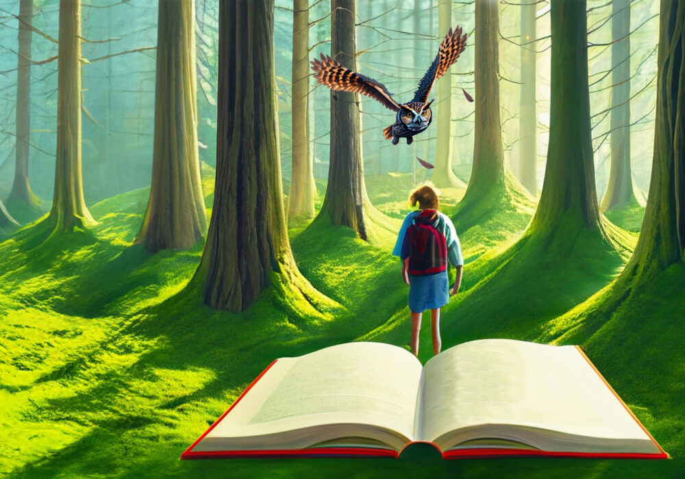 Graphic rendering of an open book in front of a young person and a large bird in the distance of a forest with trees casting shadows