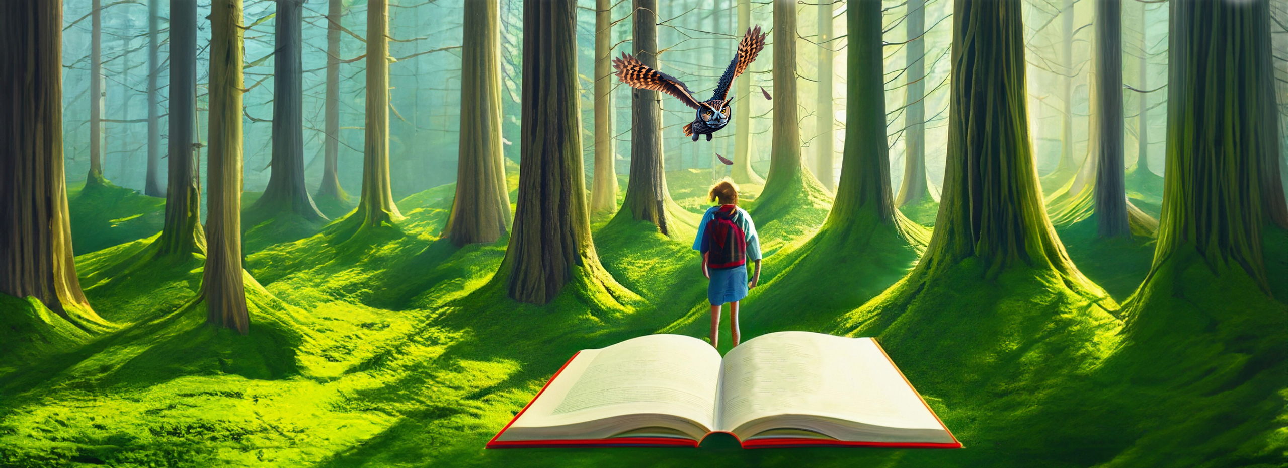 Graphic rendering of an open book in front of a young person and a large bird in the distance of a forest with trees casting shadows