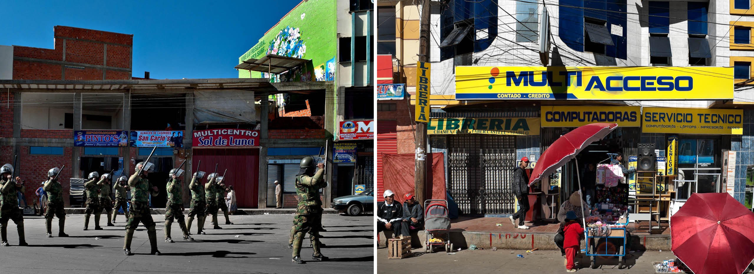 Colorful side by side photographs of soldiers and shops on a street of storefronts