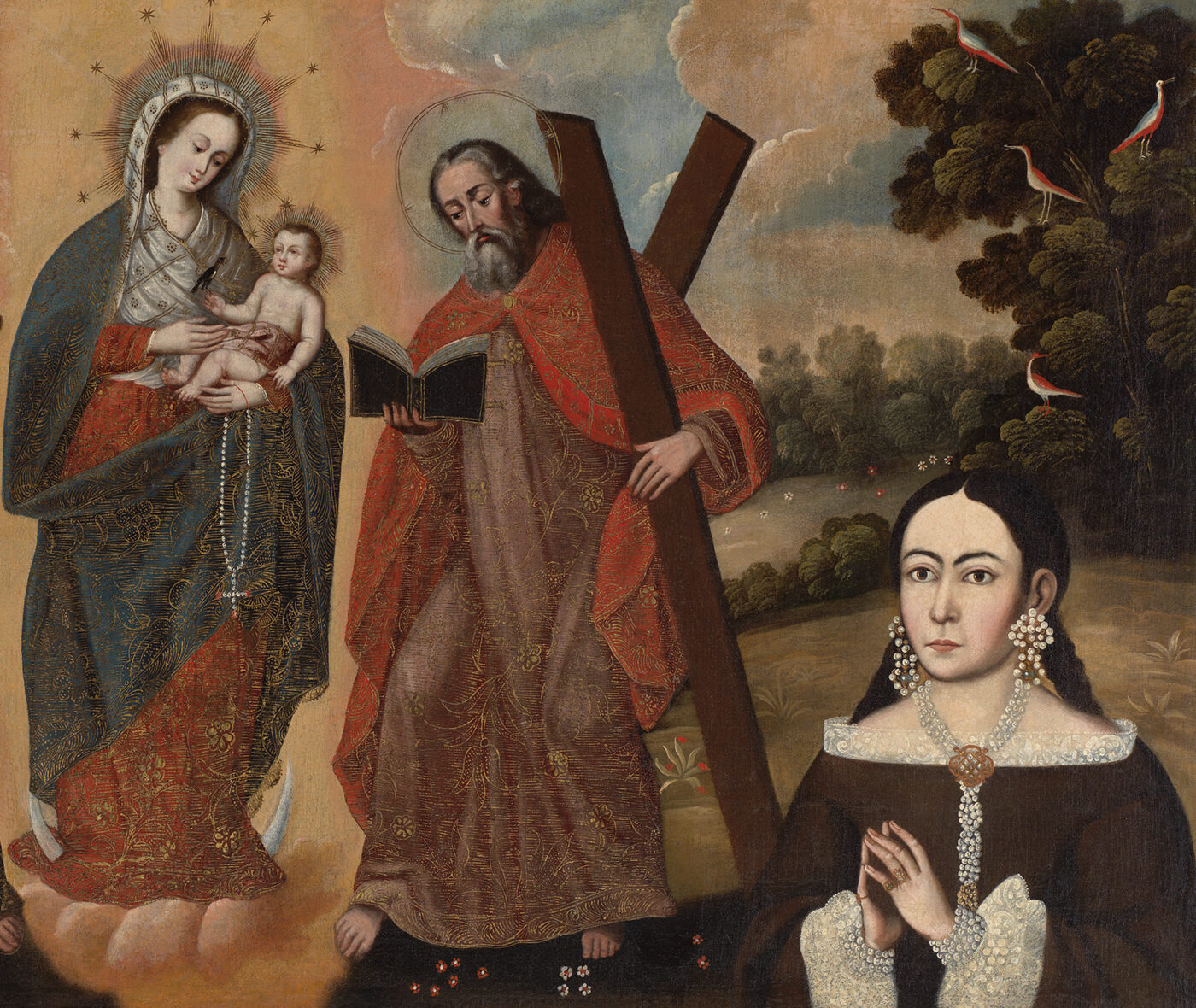 A landscape painting detail where Our Lady of the Rosary stands with Saint Anthony of Padua, holding a book with the figure of the Christ Child standing on it at the center, and a portrait of a woman with dark hair wearing pearls appears at bottom right.