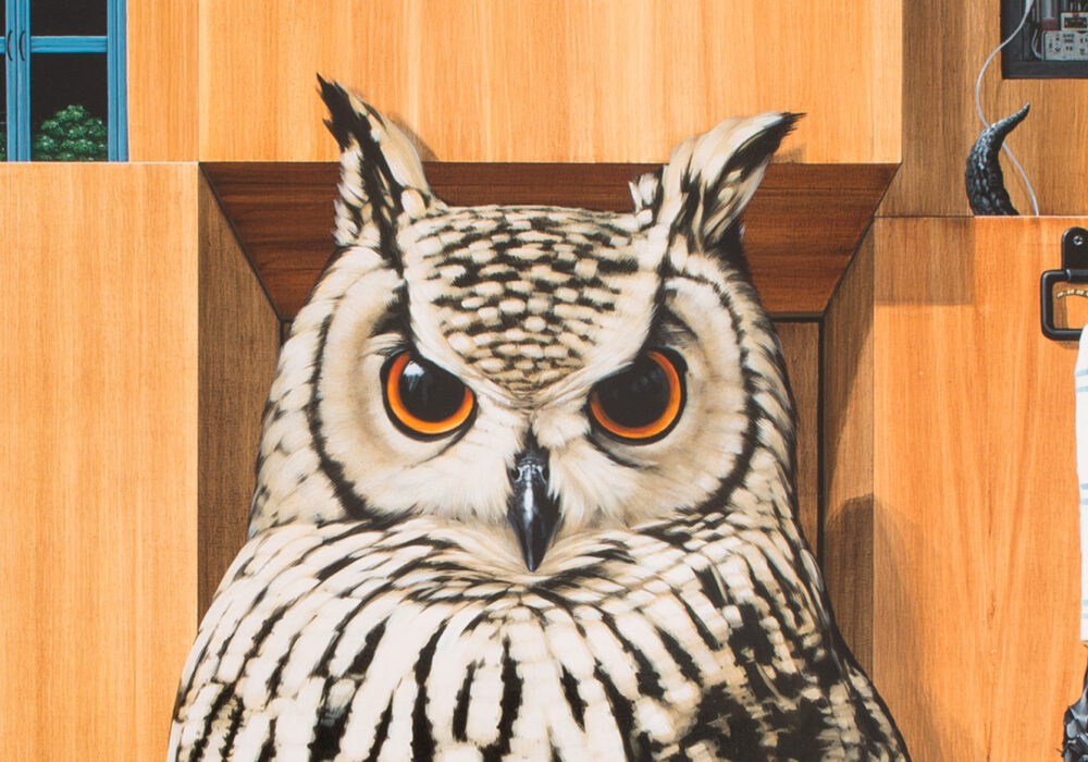 A painting of an owl in front of a wooden wall with small drawers and objects