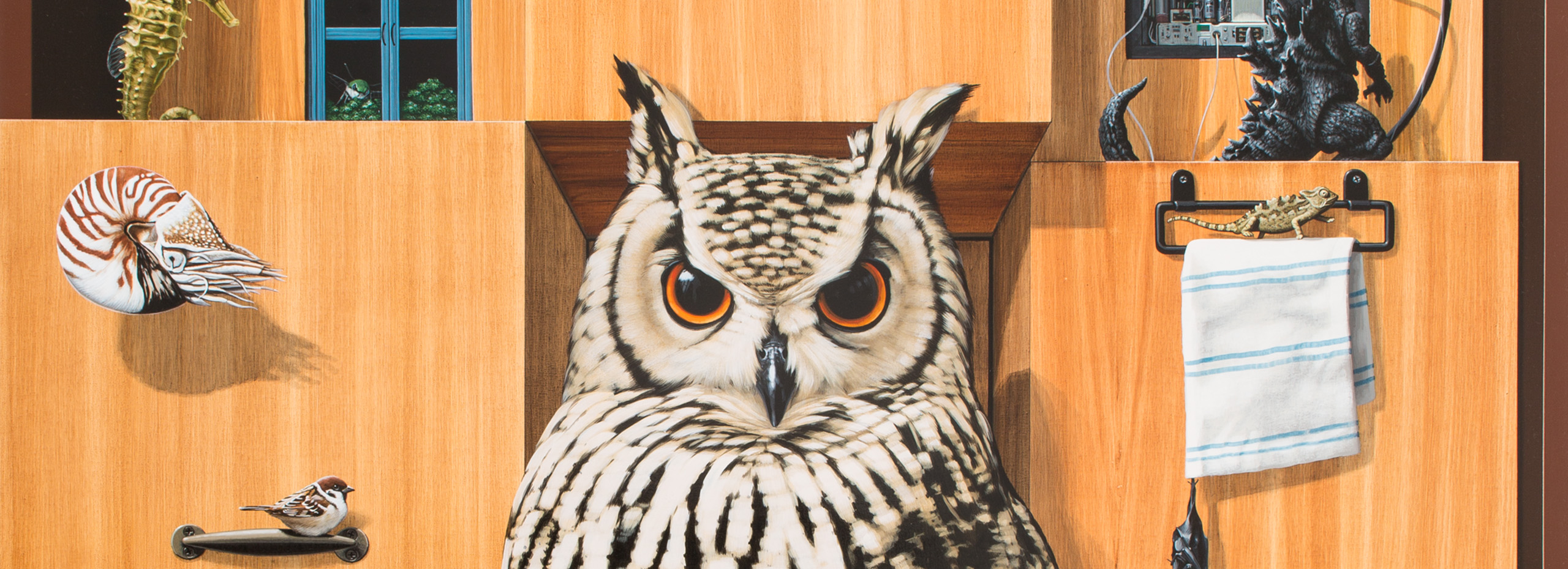A painting of an owl in front of a wooden wall with small drawers and objects