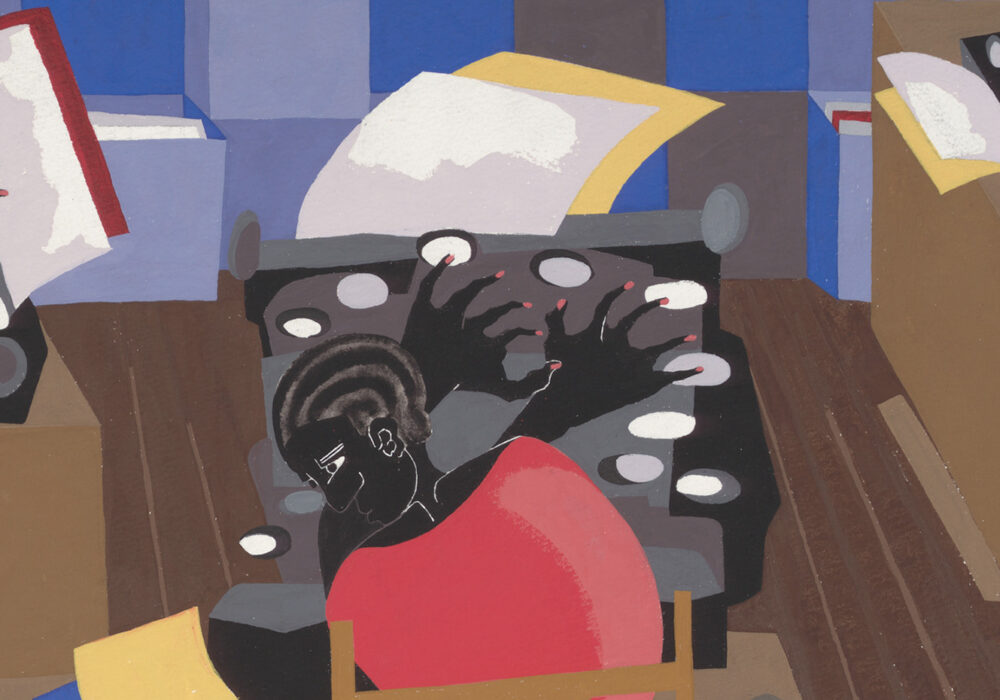 A colorful painting of female figures working at typewriters in an office