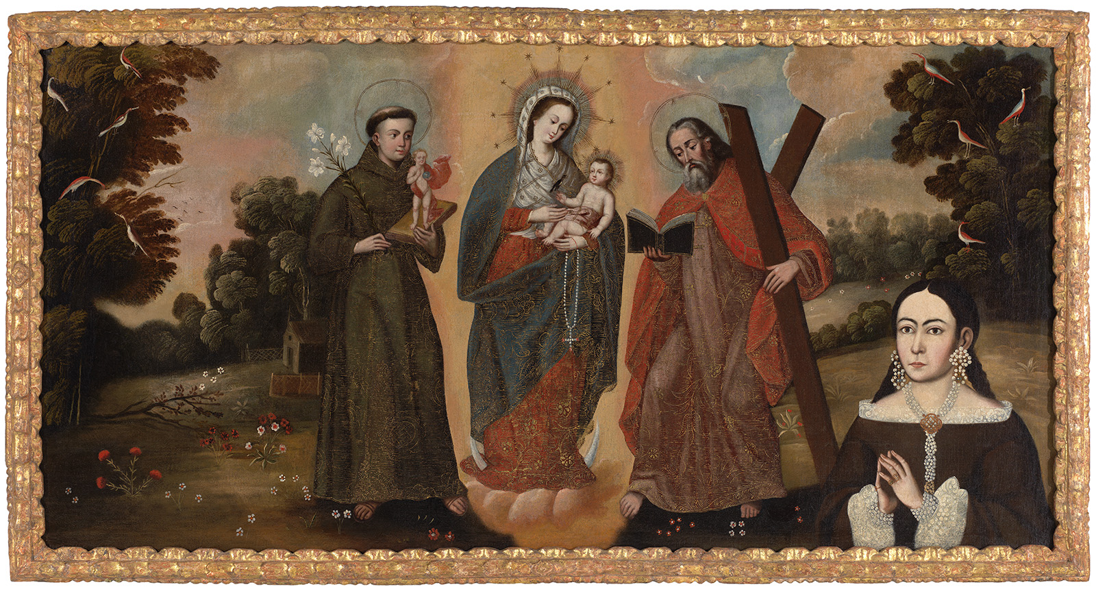 A landscape painting where Our Lady of the Rosary is flanked by Saints Andrew with a cross and Anthony of Padua holding a book with the figure of the Christ Child standing on it at the center, and a portrait of a woman with dark hair wearing pearls appears at bottom right.