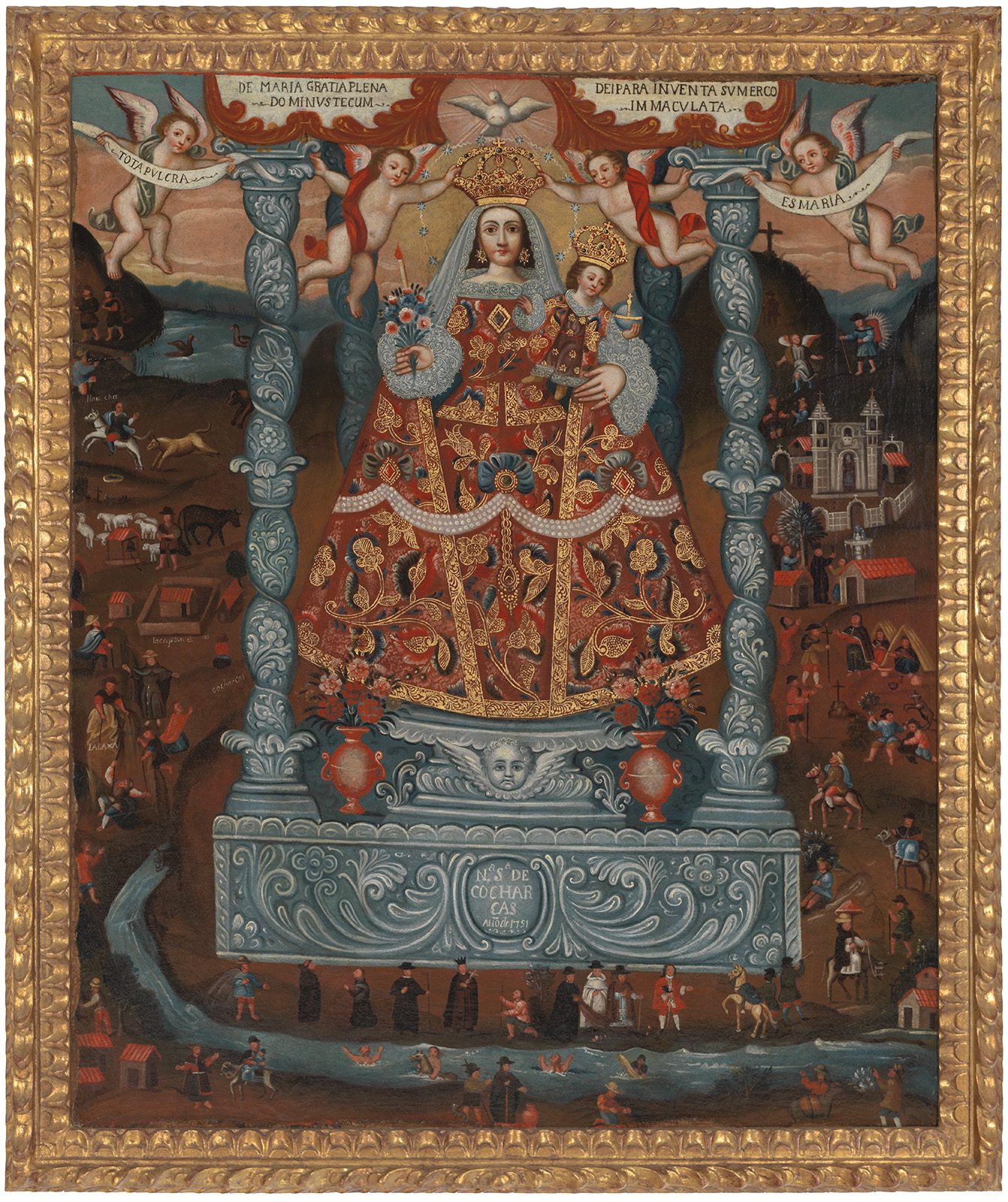 Oil painting with gold of a saintly woman and infant in crowns and formal dress surrounded by angels, smaller figures, and animals