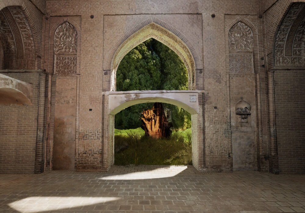 A virtual reality scene inside an 11th-century Persian mosque with a view outside