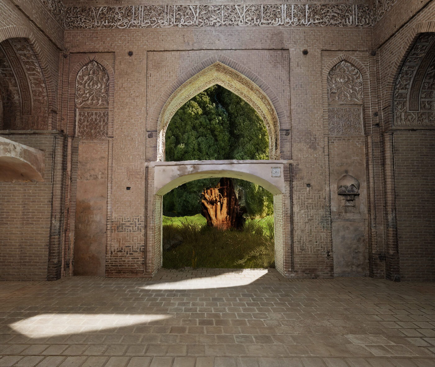 A virtual reality scene inside an 11th-century Persian mosque with a view outside