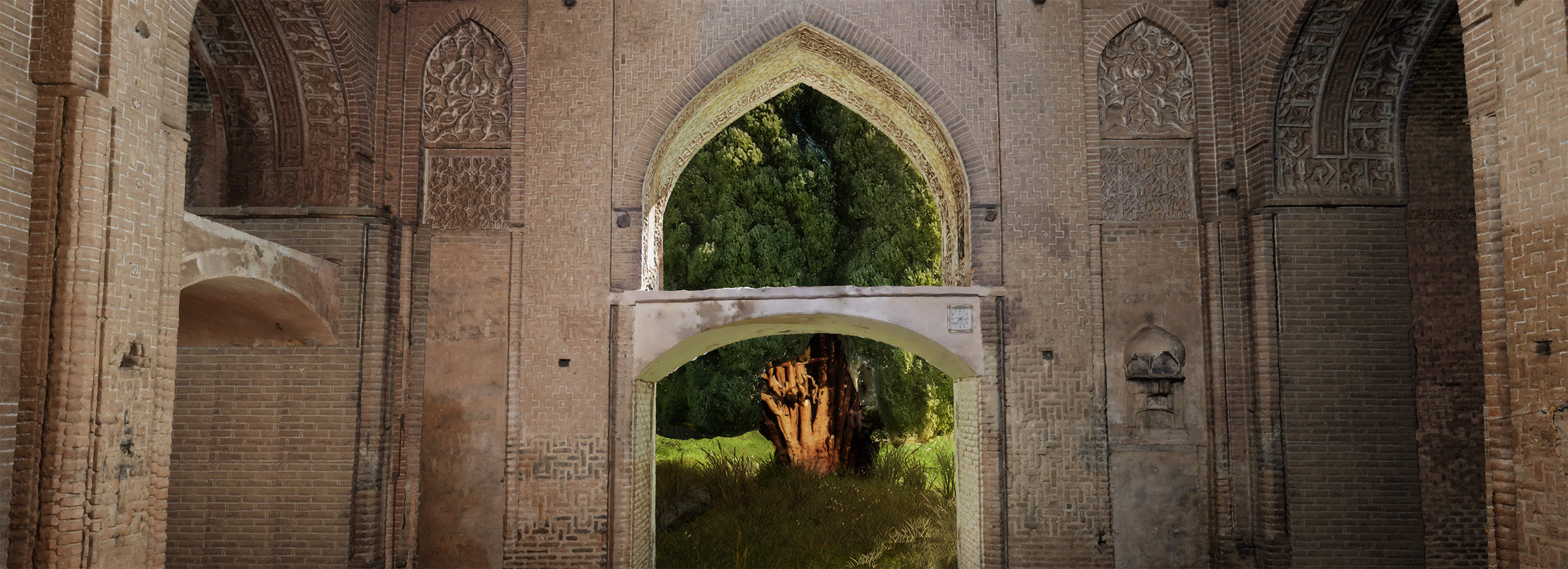 A virtual reality scene inside an 11th-century Persian mosque with a view outside