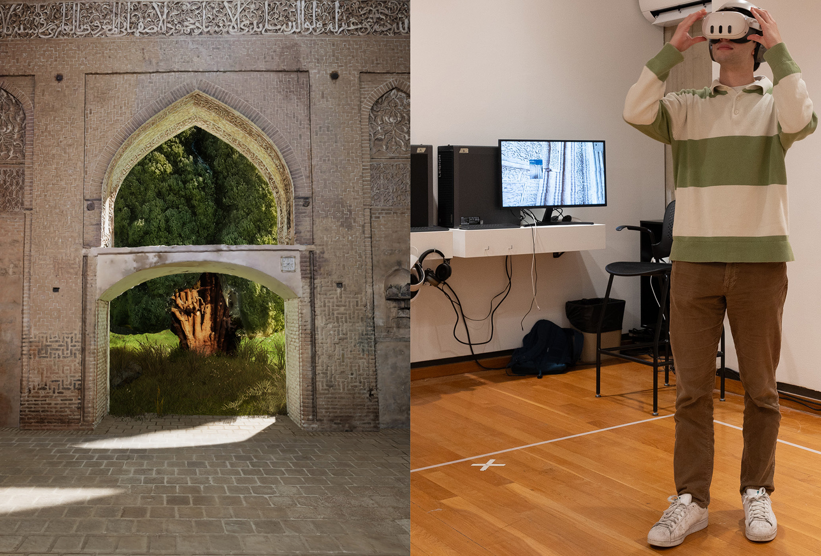 A virtual reality scene inside an 11th-century Persian mosque with a view outside next to a photo of a man wearing a VR headset in a room with computers