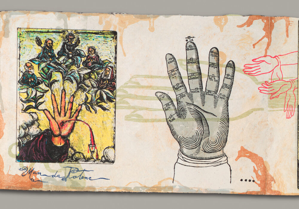 Colorful drawings of raised hands and religious figtures