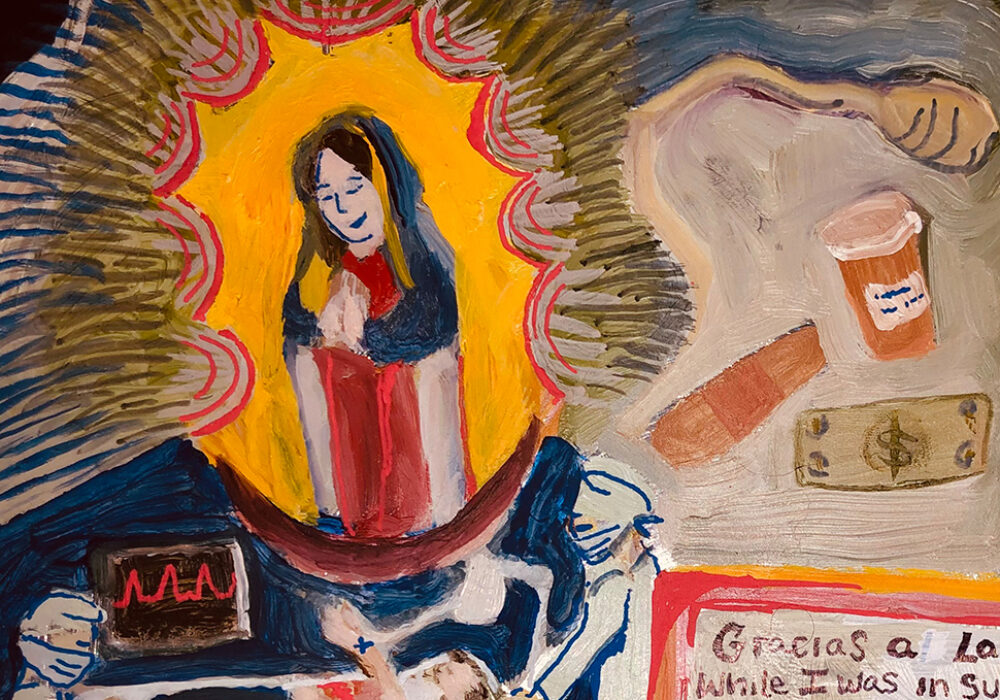 A colorful painting of a female religious figure surrounded by personal scenes