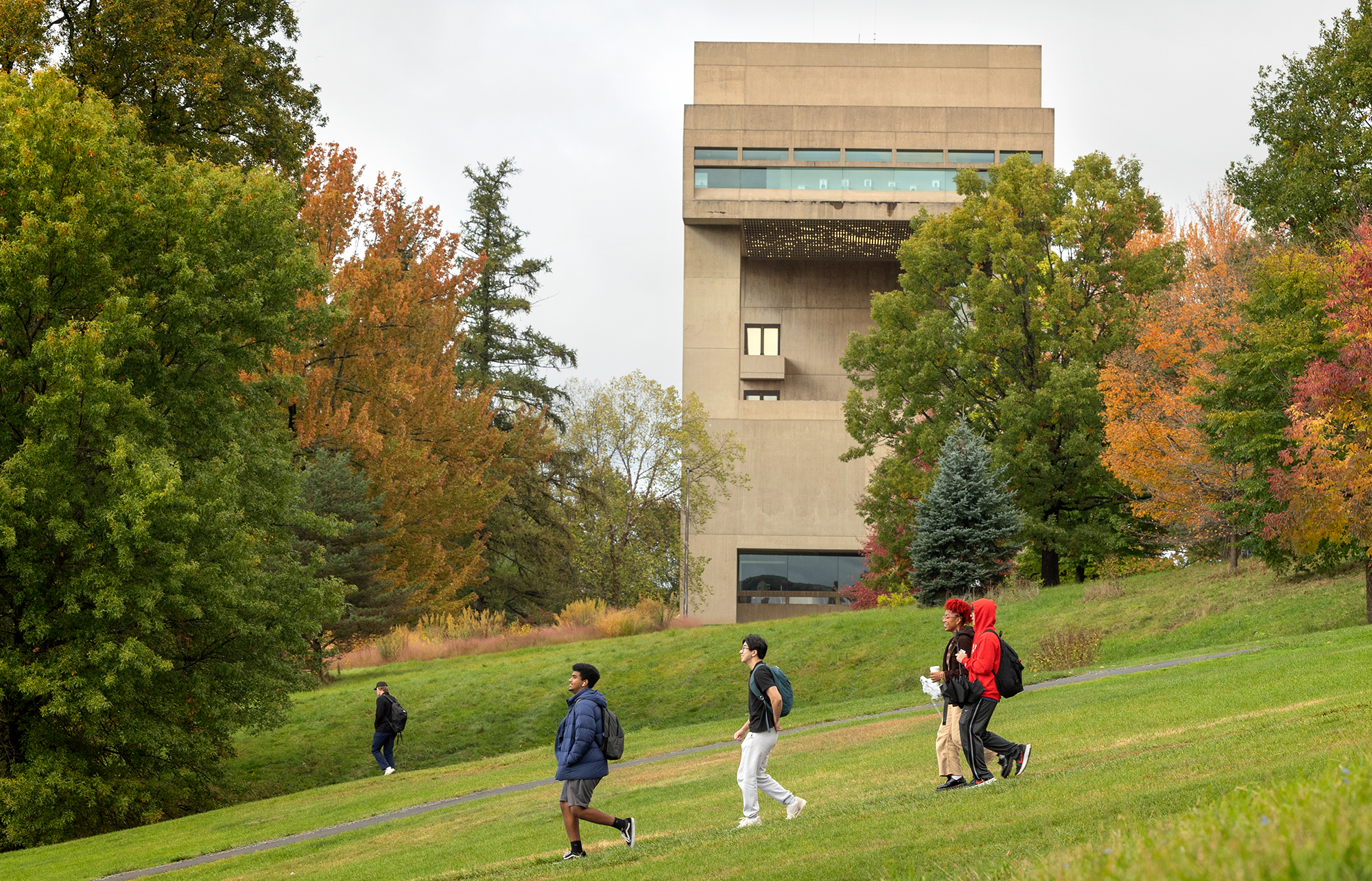 People walk down a grassy hill with fall trees and a concrete building in the background