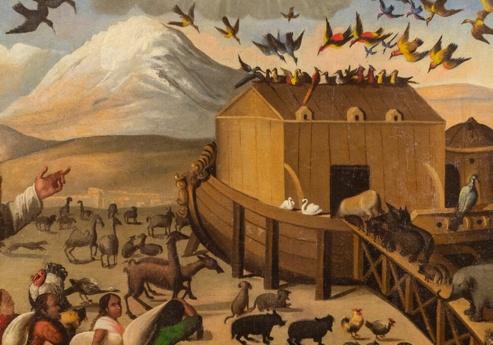 An oil painting depicting a biblical landscape with pairs of animals heading toward Noah's ark.