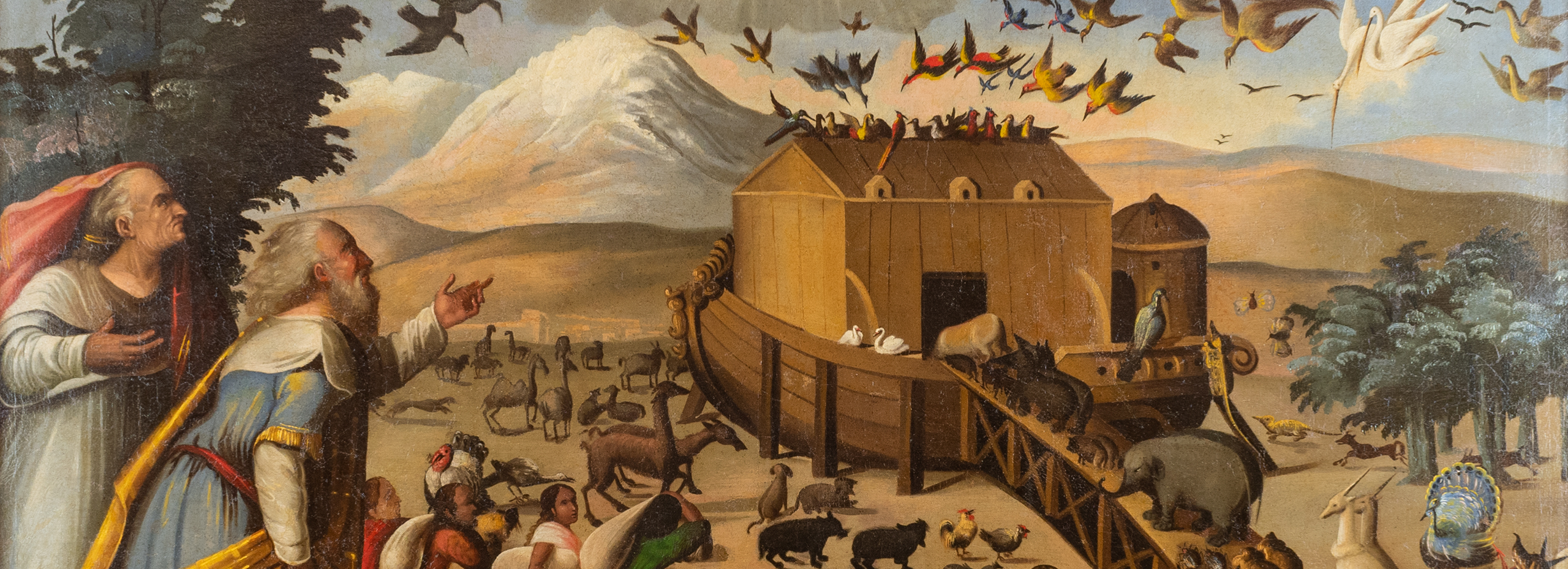 An oil painting depicting a biblical landscape with pairs of animals heading toward Noah's ark.