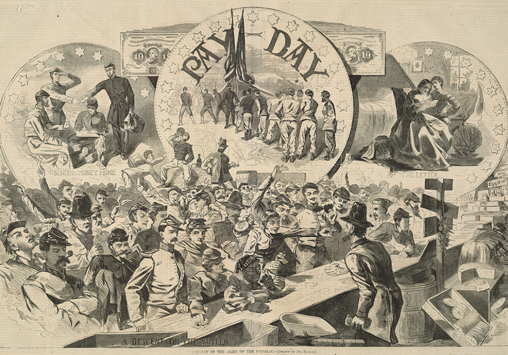 An etching showing many Civil War soldiers waiting to be paid