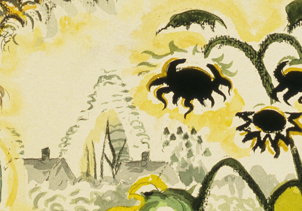 Detail of an artwork in black ink and yellow and green watercolors showing a view through sunflowers